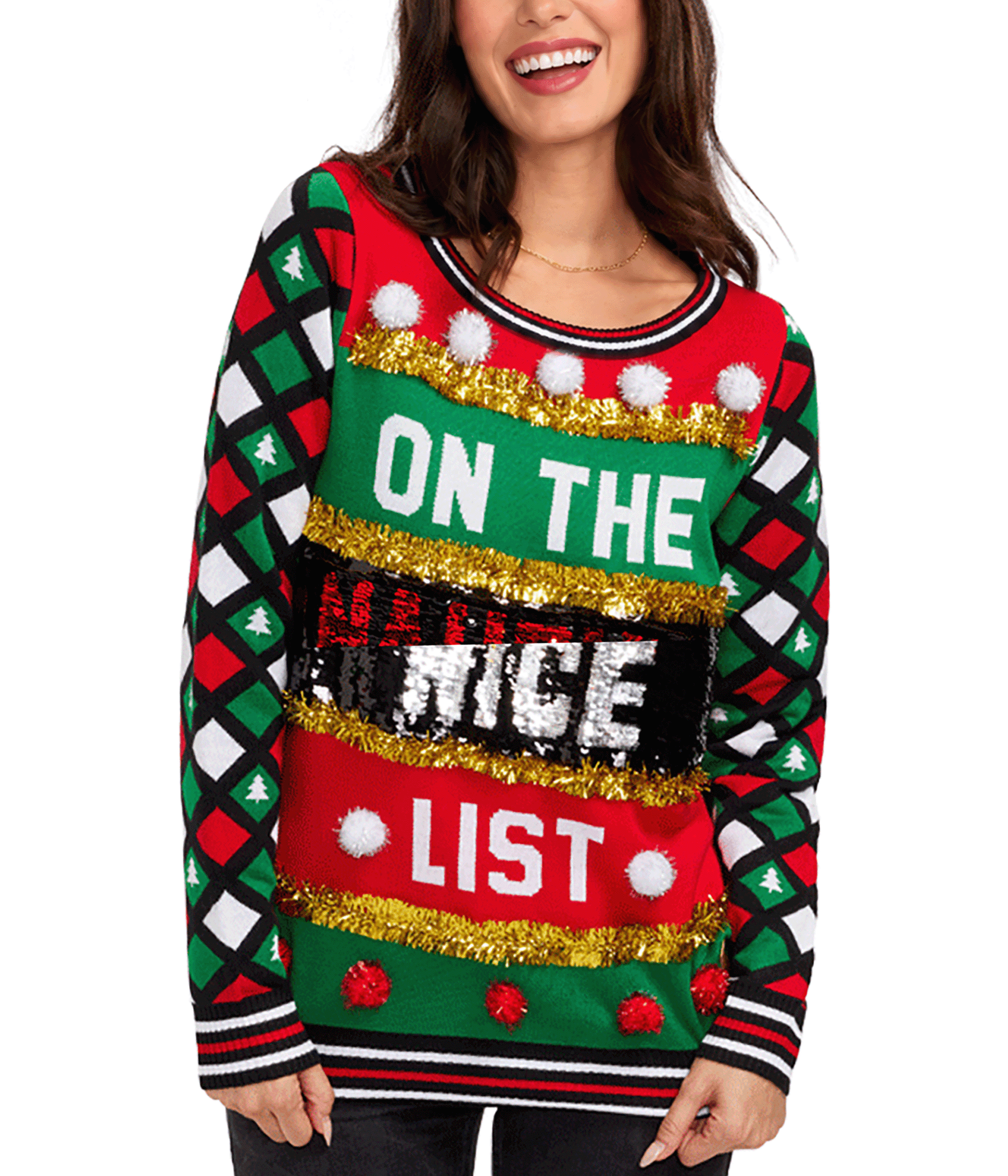 Women's Naughty or Nice Reversible Sequin Ugly Christmas Sweater