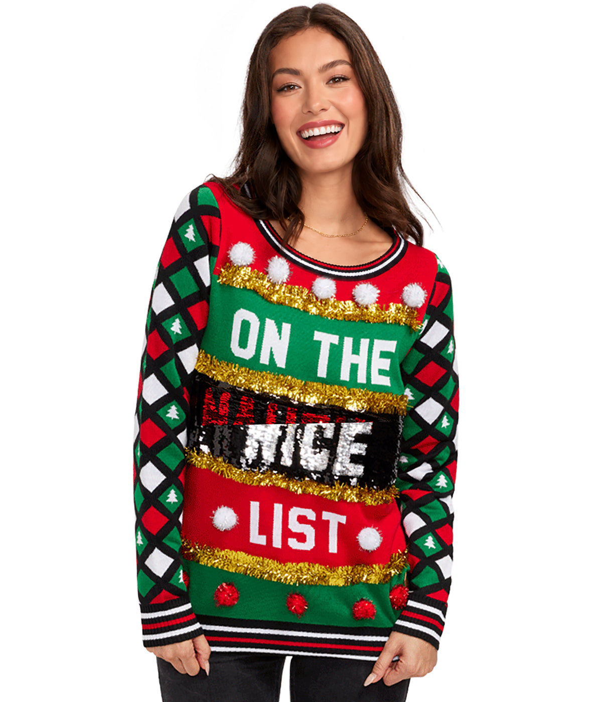Women's Naughty or Nice Reversible Sequin Ugly Christmas Sweater