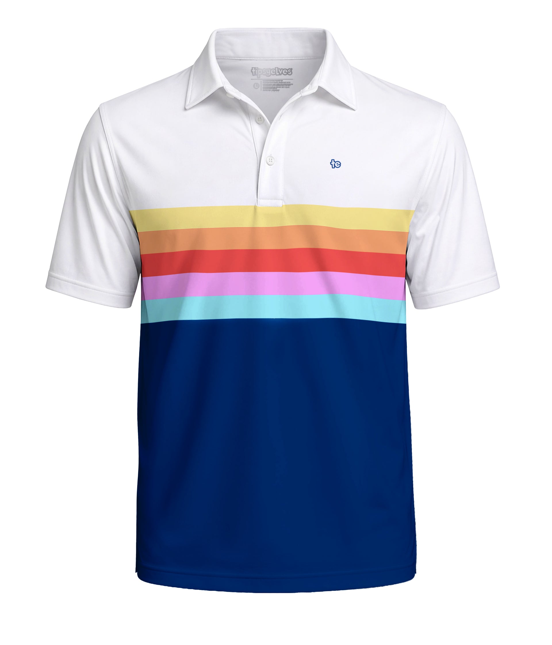 White polo shirt with colorful stripe design on a white background