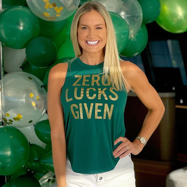 shop st. patrick's day clothing - model wearing women's zero lucks given tank top