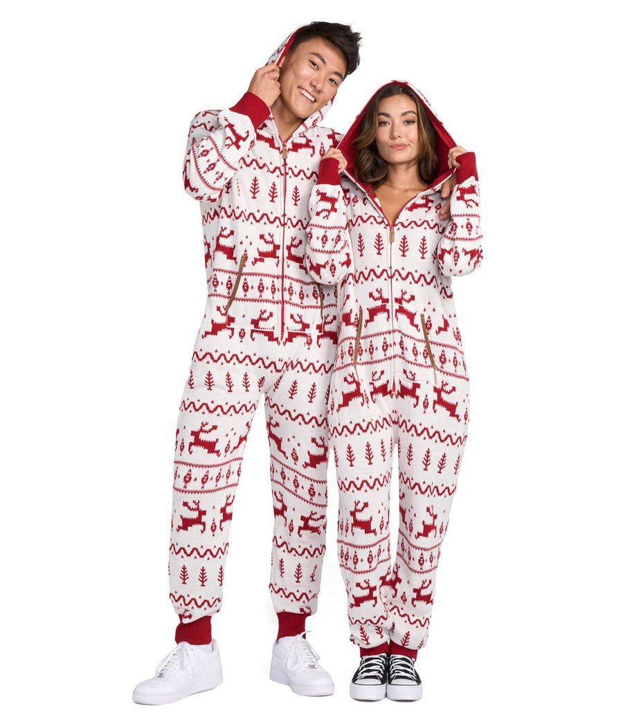 Matching Red and White Fair Isle Knit Couples Jumpsuits