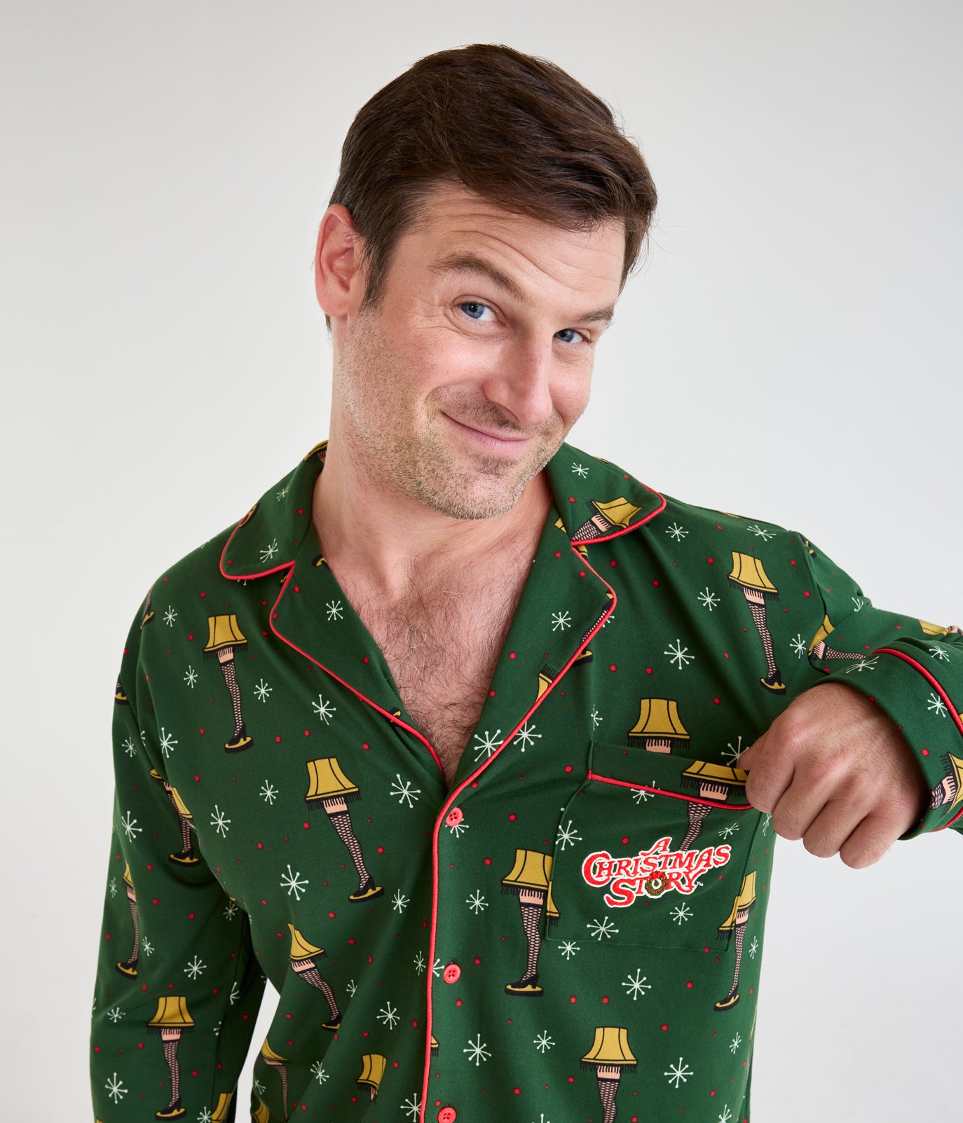 Men's Leg Lamp Lapel Pajama Set | Fun Holiday-Themed Pajamas | Ultra Comfortable Fabric Blend | Dark Green