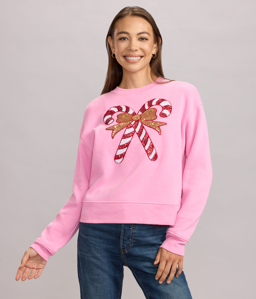 Women's Pink Sequin Candy Cane Sweatshirt