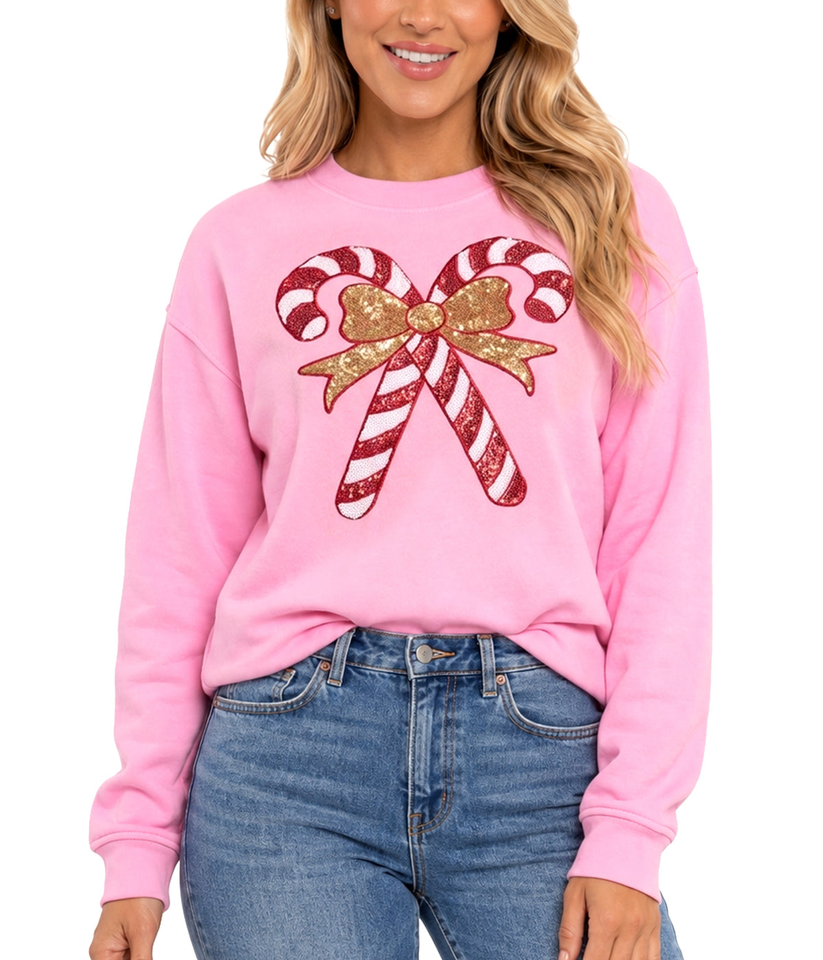 Women's Pink Sequin Candy Cane Sweatshirt
