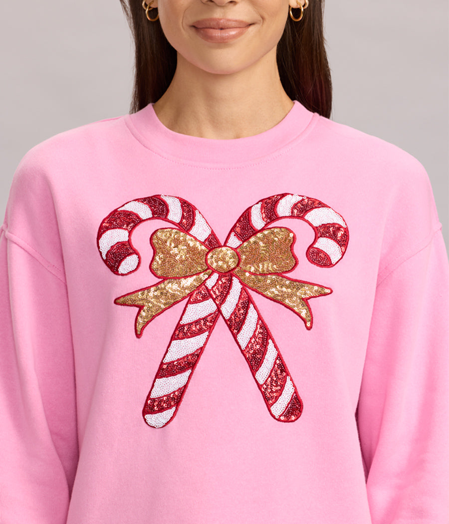 Women's Pink Sequin Candy Cane Sweatshirt
