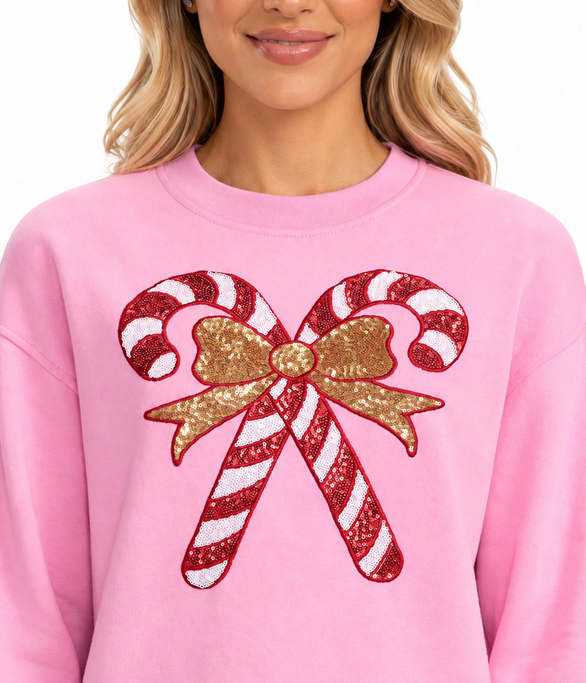 Women's Pink Sequin Candy Cane Sweatshirt
