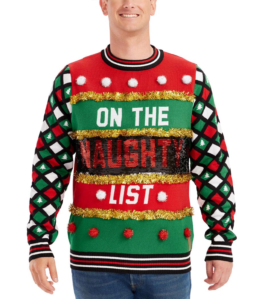 Naughty or Nice Reversible Sequin Ugly Christmas Sweater: Men's