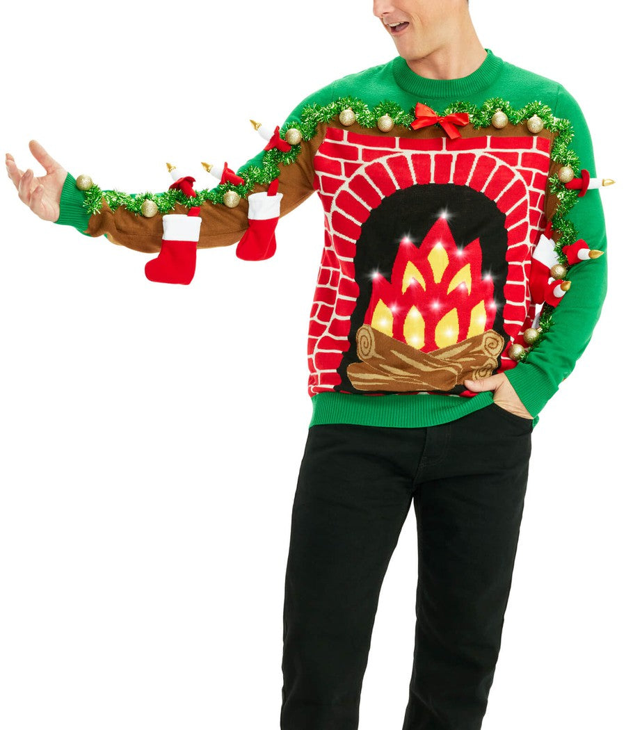 Mens Tacky Holiday Sweaters Festive Fireplace Light Up Ugly