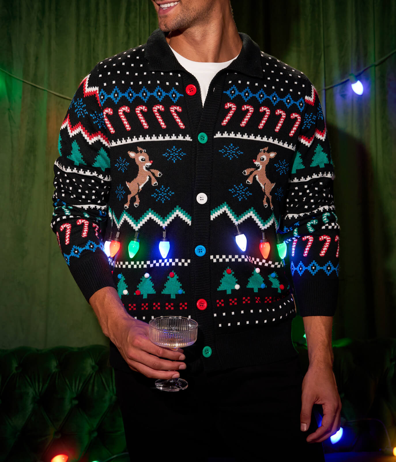 Men's Fair Isle Rudolph Light Up Christmas Cardigan Sweater