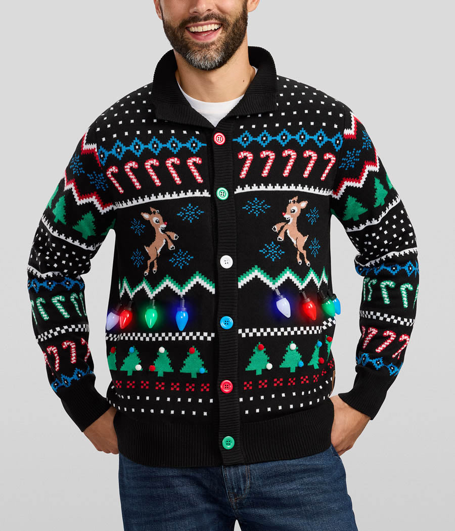 Men's Fair Isle Rudolph Light Up Christmas Cardigan Sweater Image 2