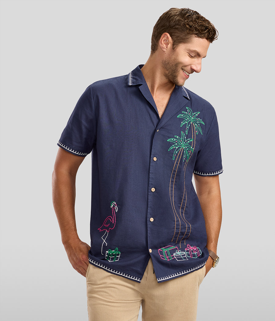 Men's Festive Flamingo Linen Cabana Shirt Image 2