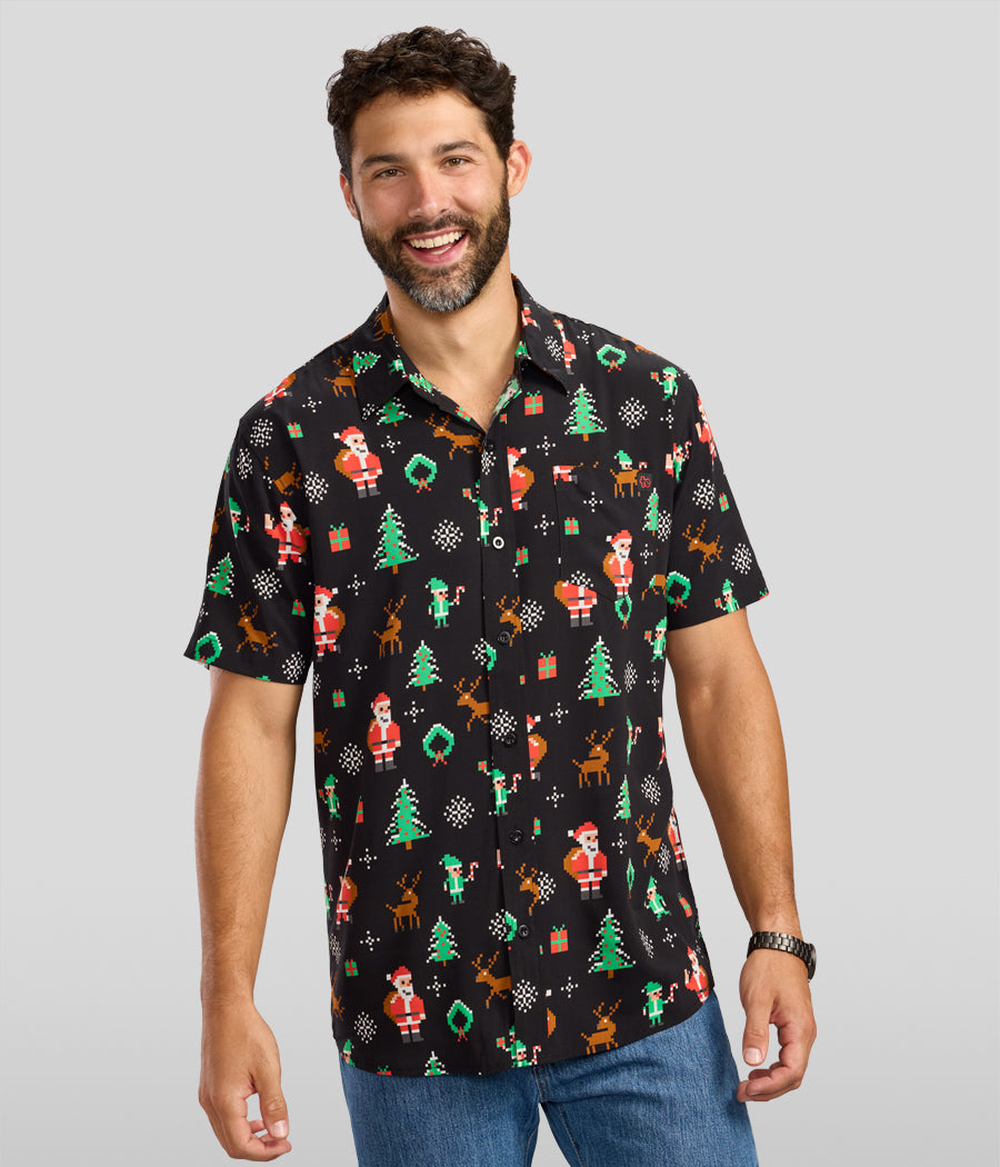Men's 8-Bit Santa Button Down Shirt Image 2