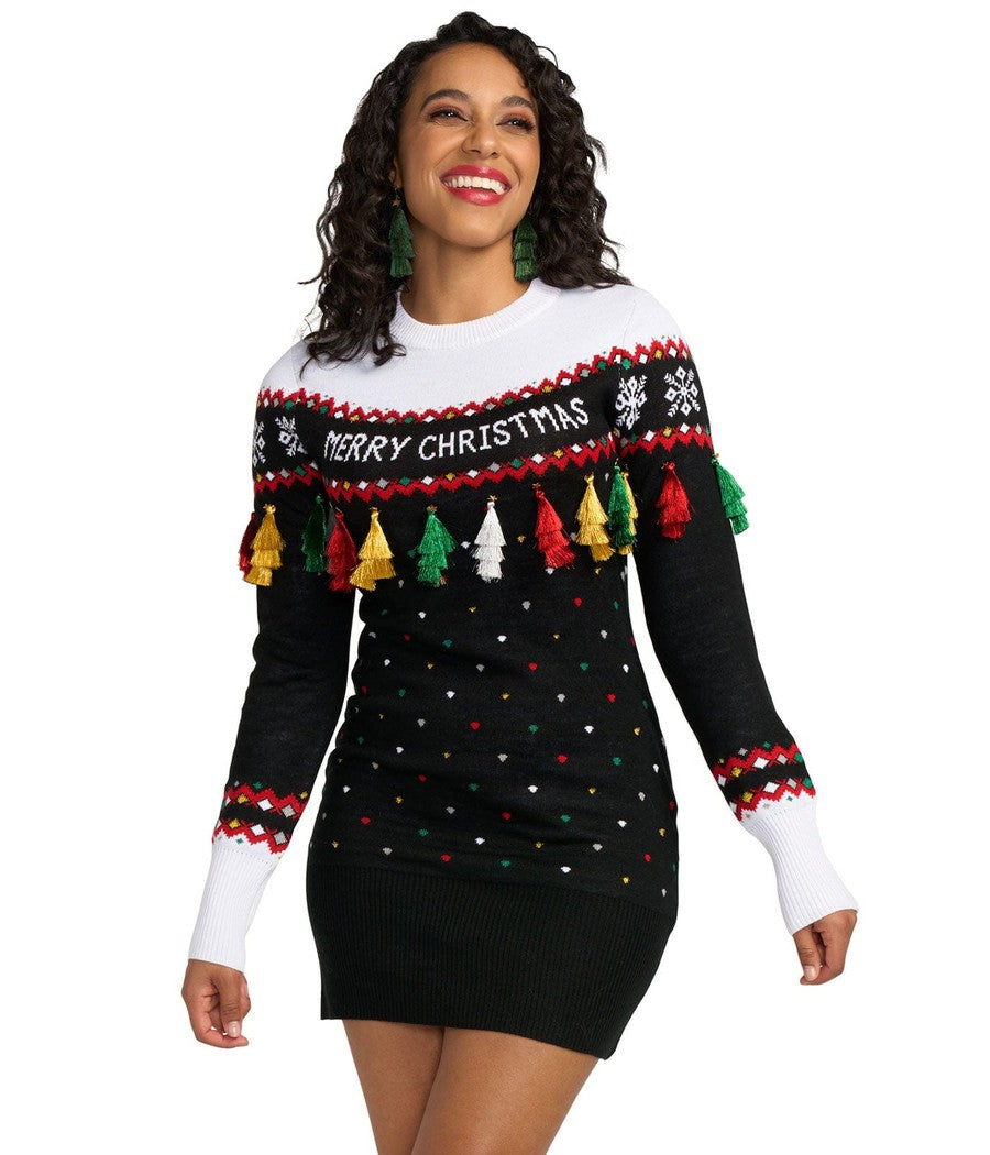 Tipsy Elves Merry Christmas Tassel Sweater Dress for Women