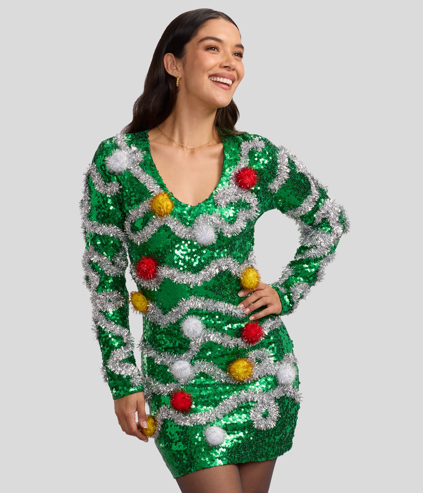 Women's Tangled Pom Pom Sequin V Neck Dress Image 2