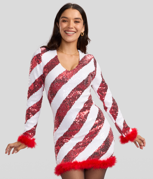 Women's Candy Cane Lane Sequin V Neck Dress | Festive Holiday Dress | High Strength & Durable Material with Stretch | Red/Silver