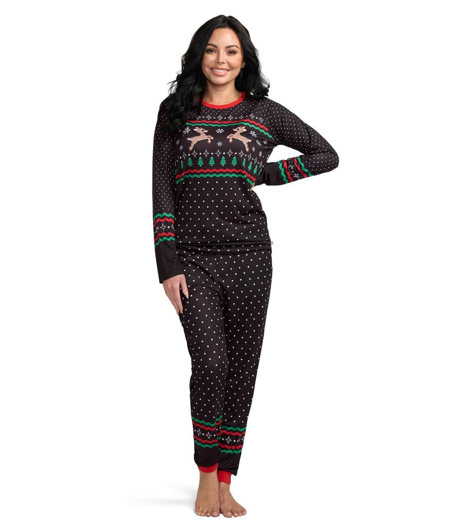 womens christmas pajama dress Women's Fair Isle Rudolph Crew Neck Set | Women's Cozy Festive Holiday Onesie | Black | L Flowy Rayon drapes like Size (Mother):3XL Brgzlk Women's 3/4 Sleeve SIDE SASH