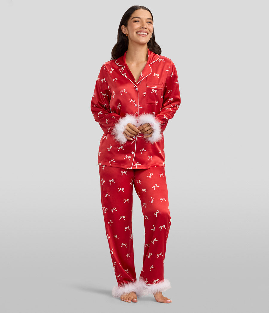 Women's Christmas Bow Satin Feather Pajama Set | Fun Holiday-Themed Pajamas | High Strength & Durable Material | Red | Tipsy Elves Women's Christmas Bow Satin Feather Pajama Set | Fun Holiday-Themed Pajamas | High Strength & Durable Material | Red | Tipsy Elves
