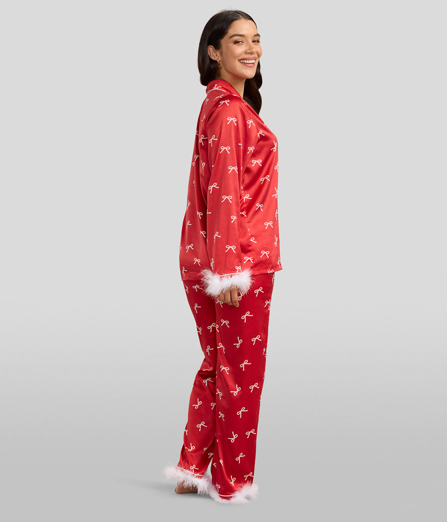 Women's Christmas Bow Satin Feather Pajama Set