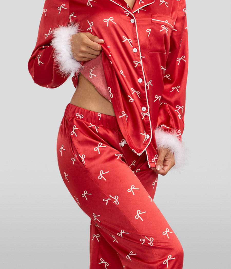 Women's Christmas Bow Satin Feather Pajama Set | Fun Holiday-Themed Pajamas | High Strength & Durable Material | Red | Tipsy Elves Women's Christmas Bow Satin Feather Pajama Set | Fun Holiday-Themed Pajamas | High Strength & Durable Material | Red | Tipsy Elves