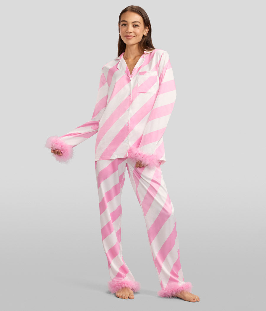 Women's Pink Candy Cane Satin Feather Pajama Set