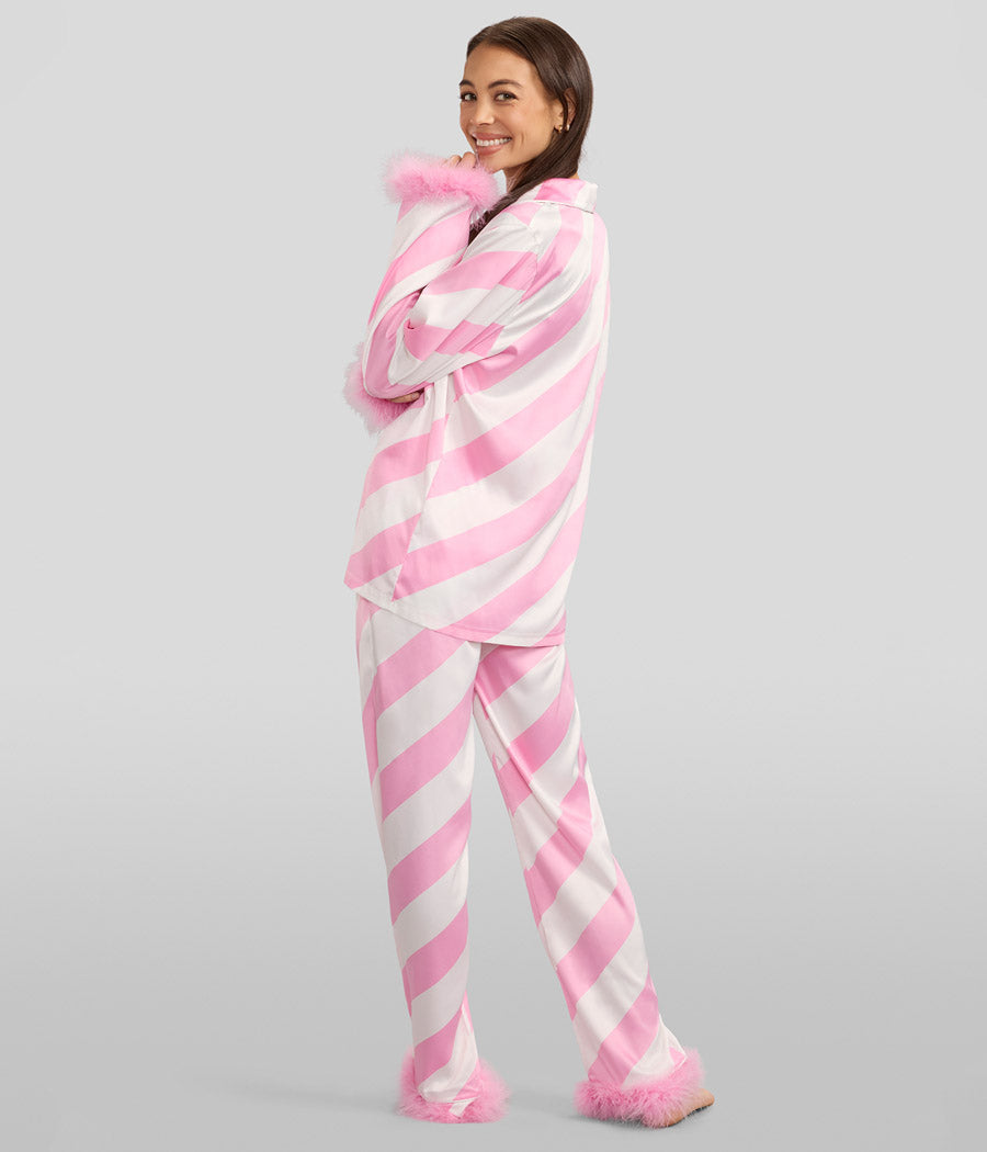 Women's Pink Candy Cane Satin Feather Pajama Set Image 2