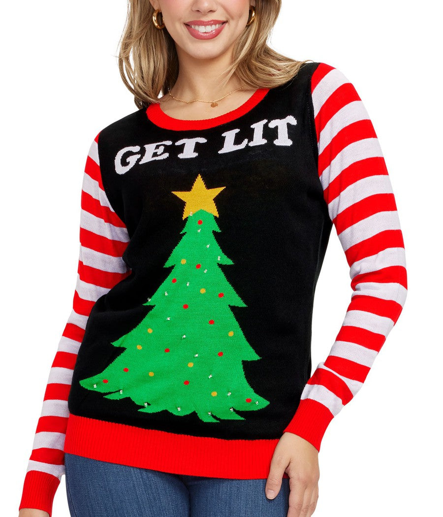 Christmas Tree Off The Shoulder Santa Sweater Get Lit Women's