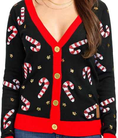 Women's Sequin Candy Cane Cardigan Sweater Image 2