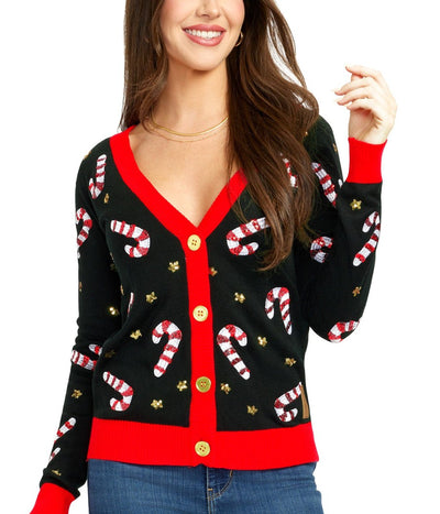 Women's Sequin Candy Cane Cardigan Sweater