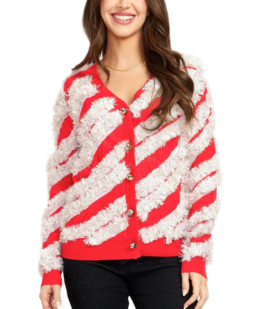 Women's Candy Cane Tinsel Cardigan Sweater