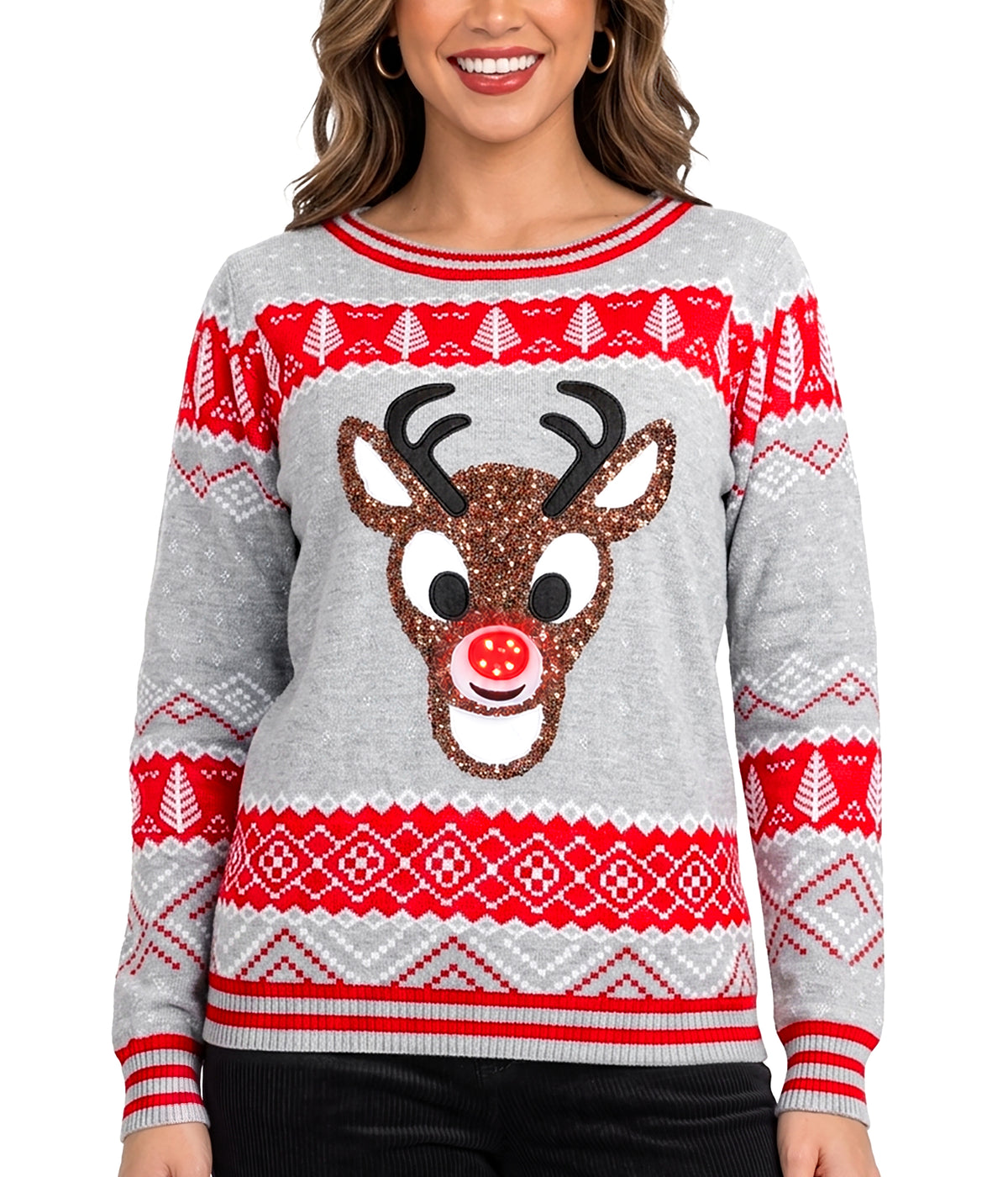 Women's Sequin Rudolph Light Up Ugly Christmas Sweater