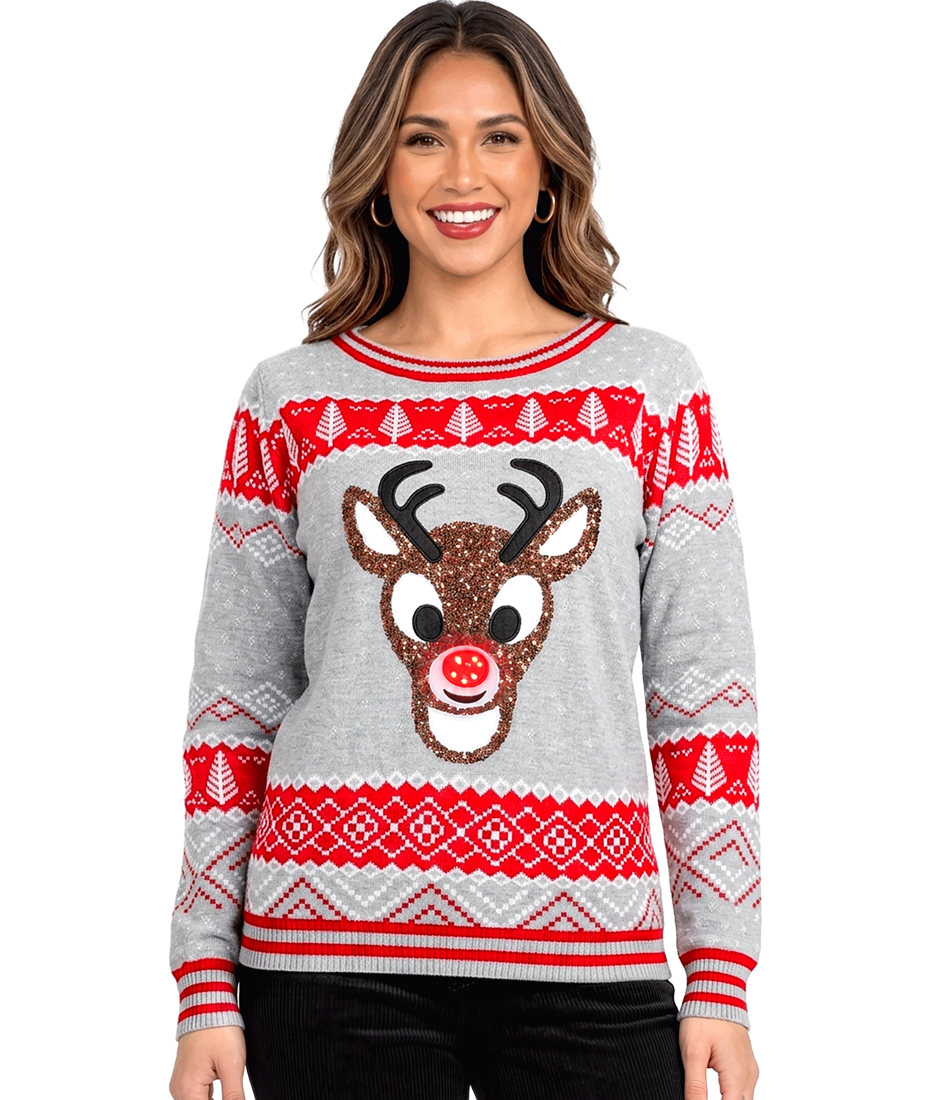 Women's Sequin Rudolph Light Up Ugly Christmas Sweater