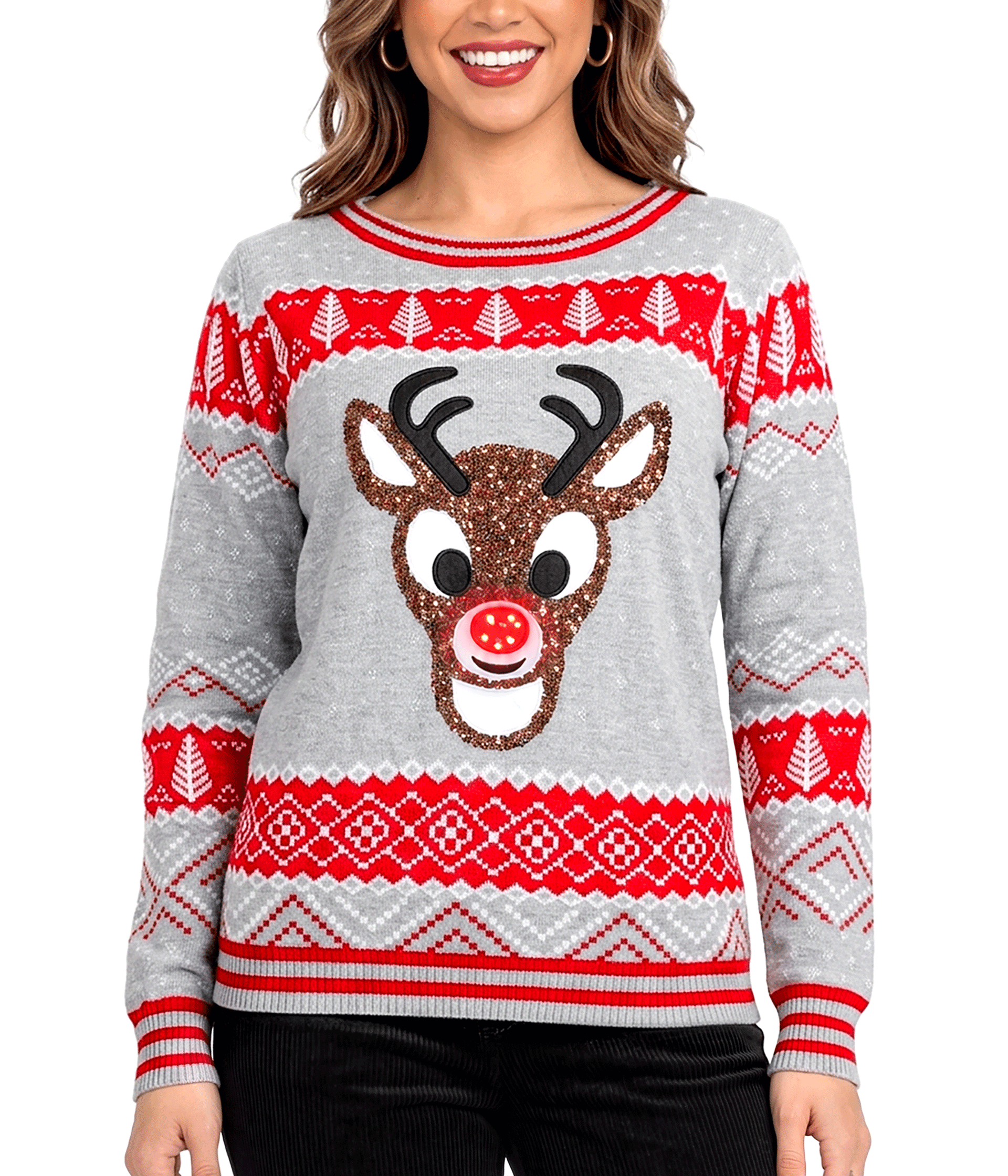 Women's Sequin Rudolph Light Up Ugly Christmas Sweater