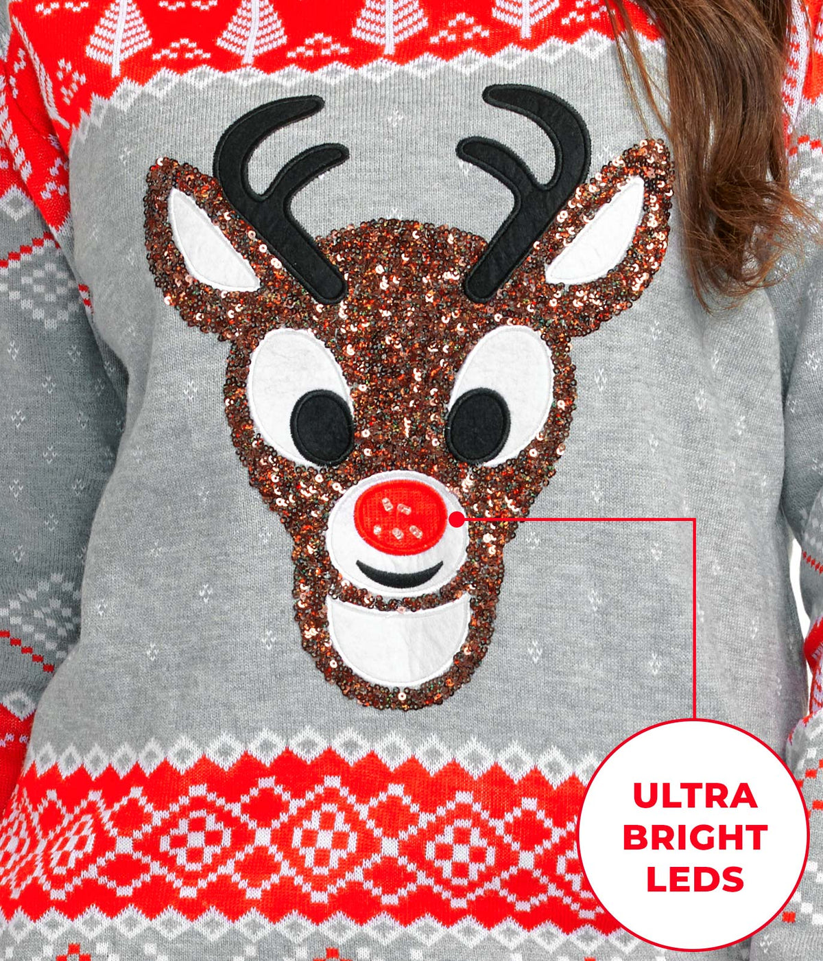 Women's Sequin Rudolph Light Up Ugly Christmas Sweater Image 2