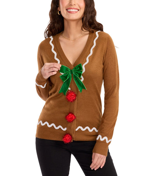 Women's Gingerbread Man Ugly Christmas Cardigan Sweater | Funny & Festive X-Mas Sweaters | All Sizes | Brown
