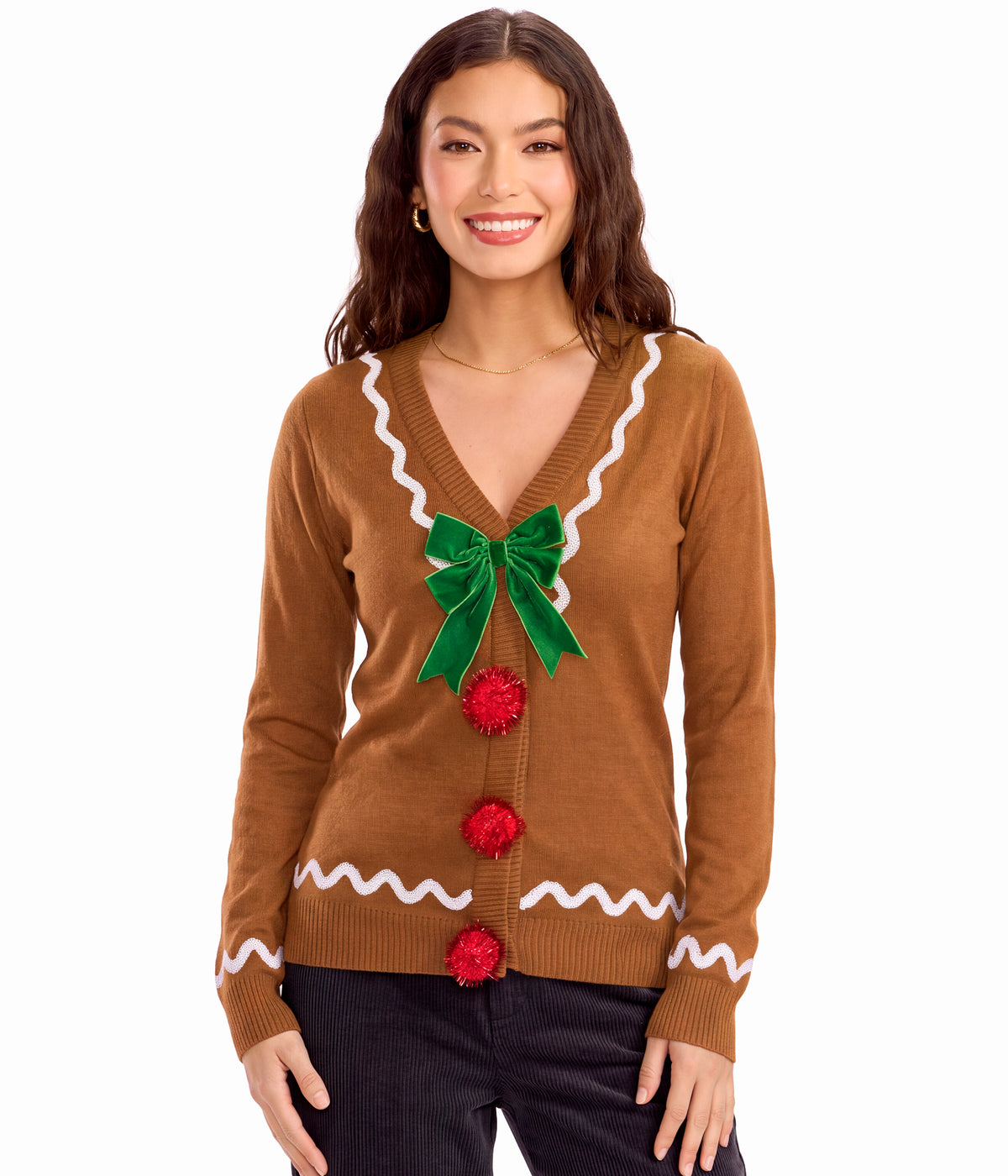 Women's Gingerbread Man Ugly Christmas Cardigan Sweater Image 2