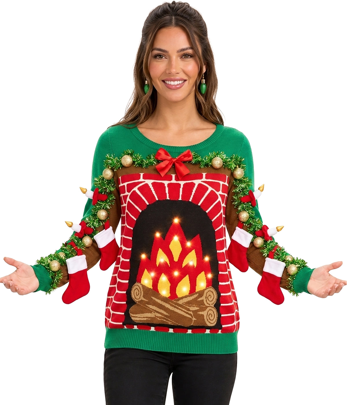 Women's Festive Fireplace Light Up Ugly Christmas Sweater