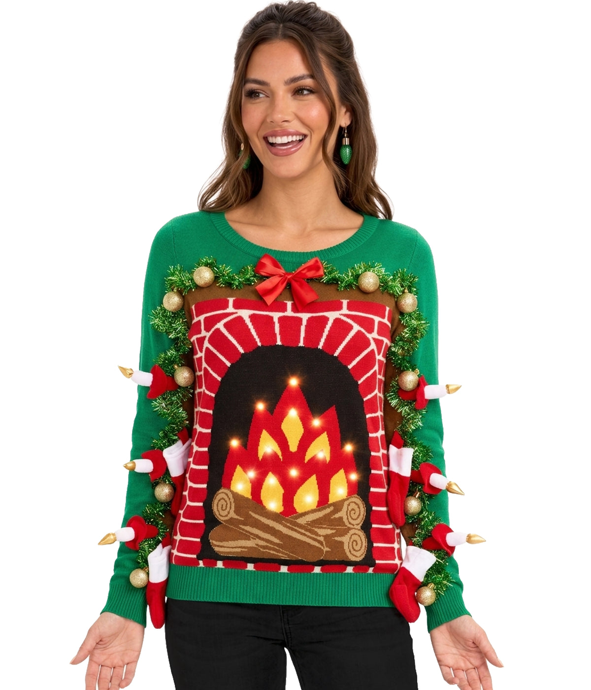 Women's Festive Fireplace Light Up Ugly Christmas Sweater Image 2