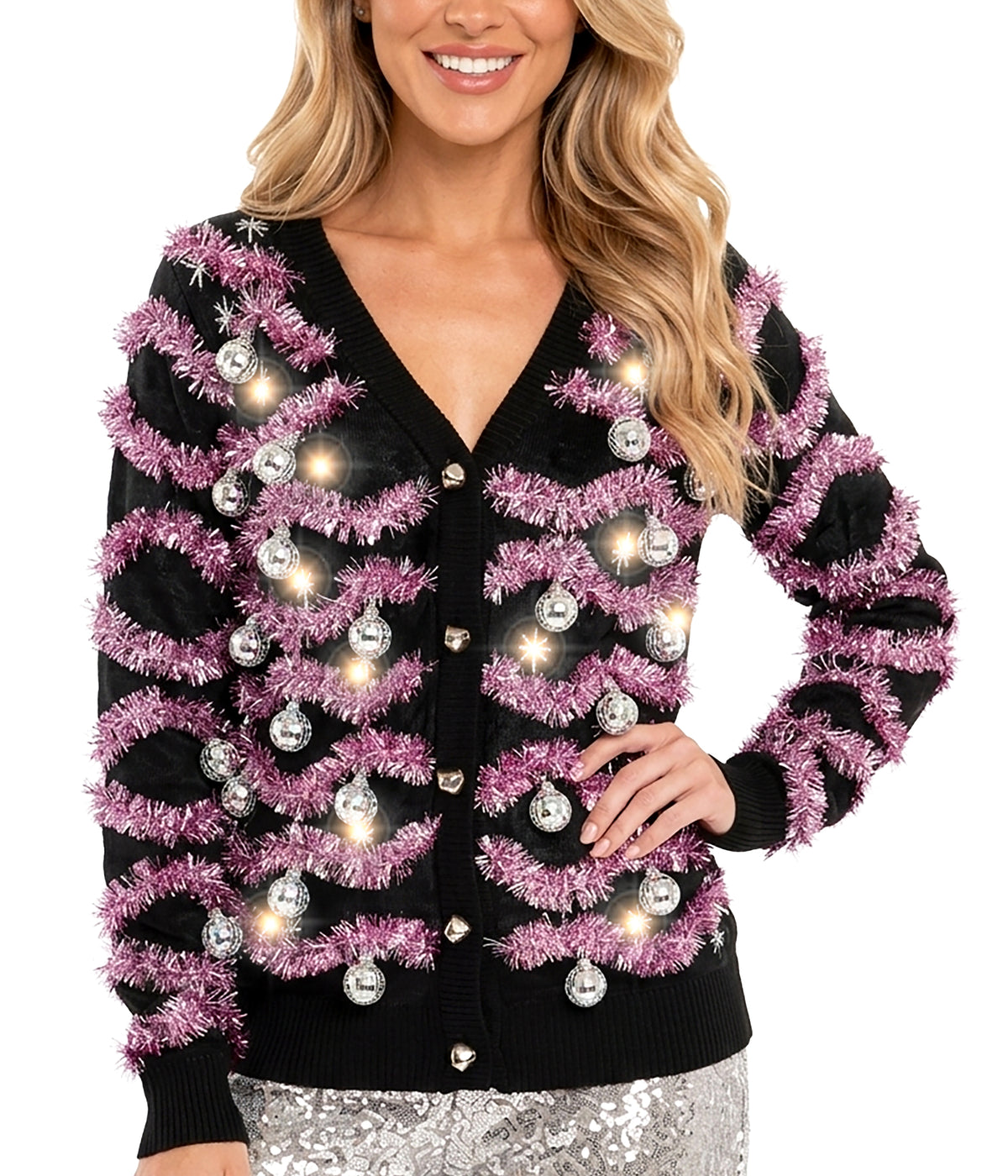Women's Deck The Disco Balls Light Up Cardigan Sweater Image 2