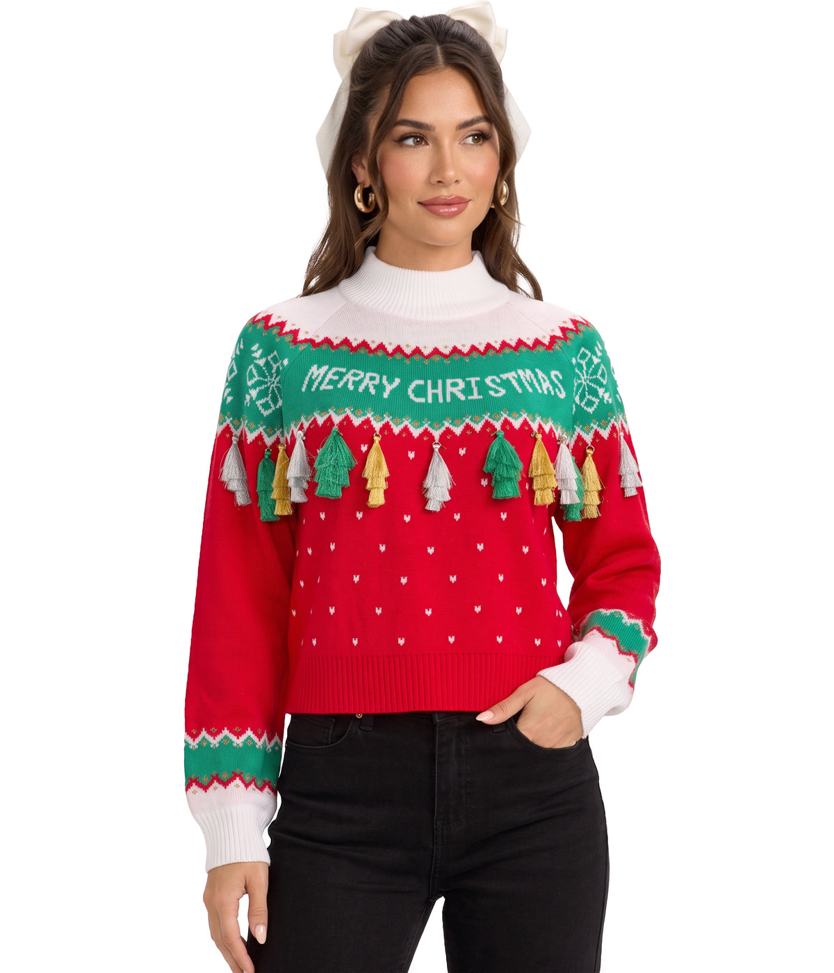 Women's Merry Christmas Tassel Turtleneck Cropped Sweater Image 2