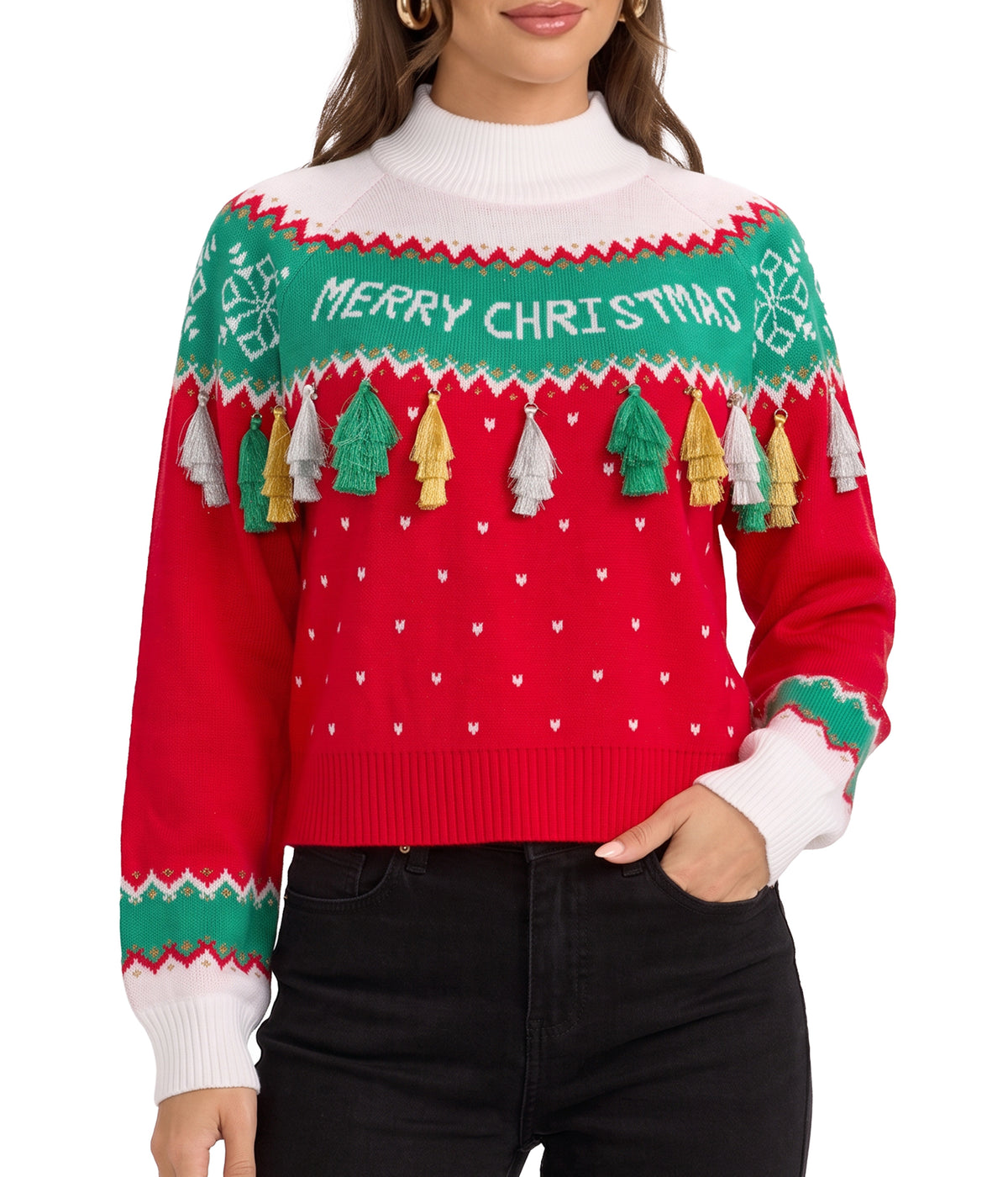 Women's Merry Christmas Tassel Turtleneck Cropped Sweater
