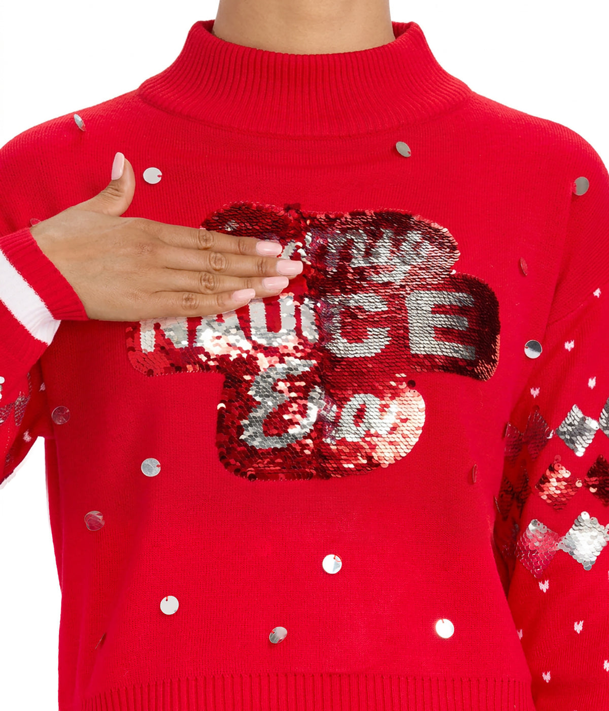 Women's Nice Era Turtleneck Cropped Reversible Sequin Christmas Sweater Image 2