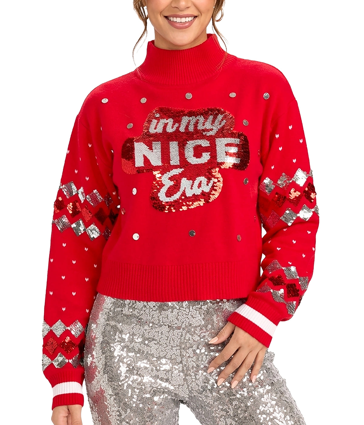 Women's Nice Era Turtleneck Cropped Reversible Sequin Christmas Sweater