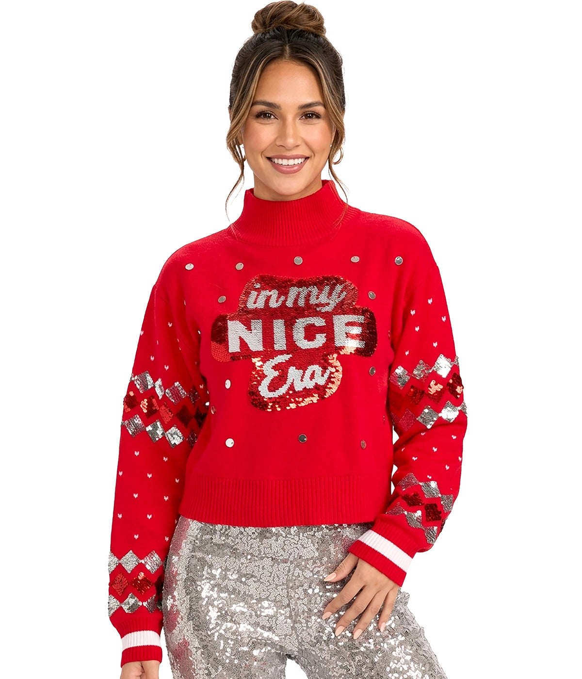 Women's Nice Era Turtleneck Cropped Reversible Sequin Christmas Sweater