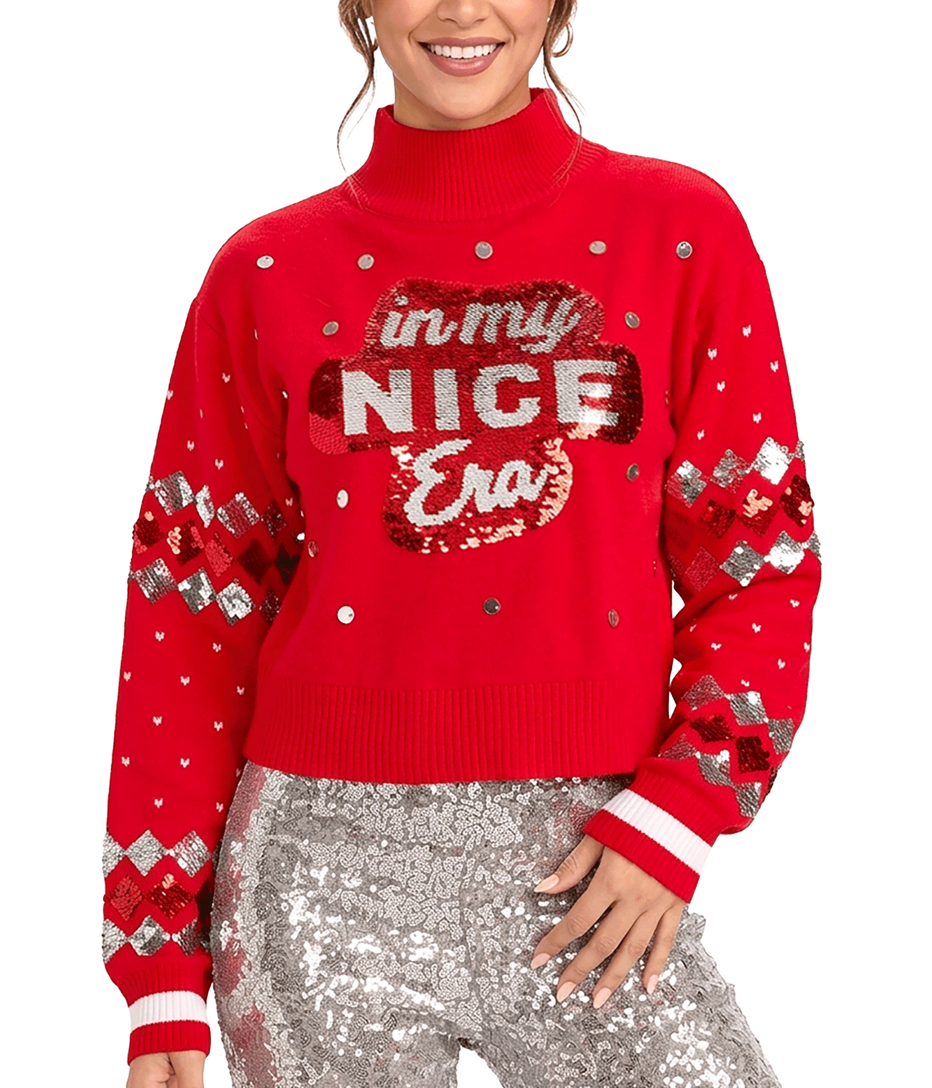 Women's Nice Era Turtleneck Cropped Reversible Sequin Christmas Sweater