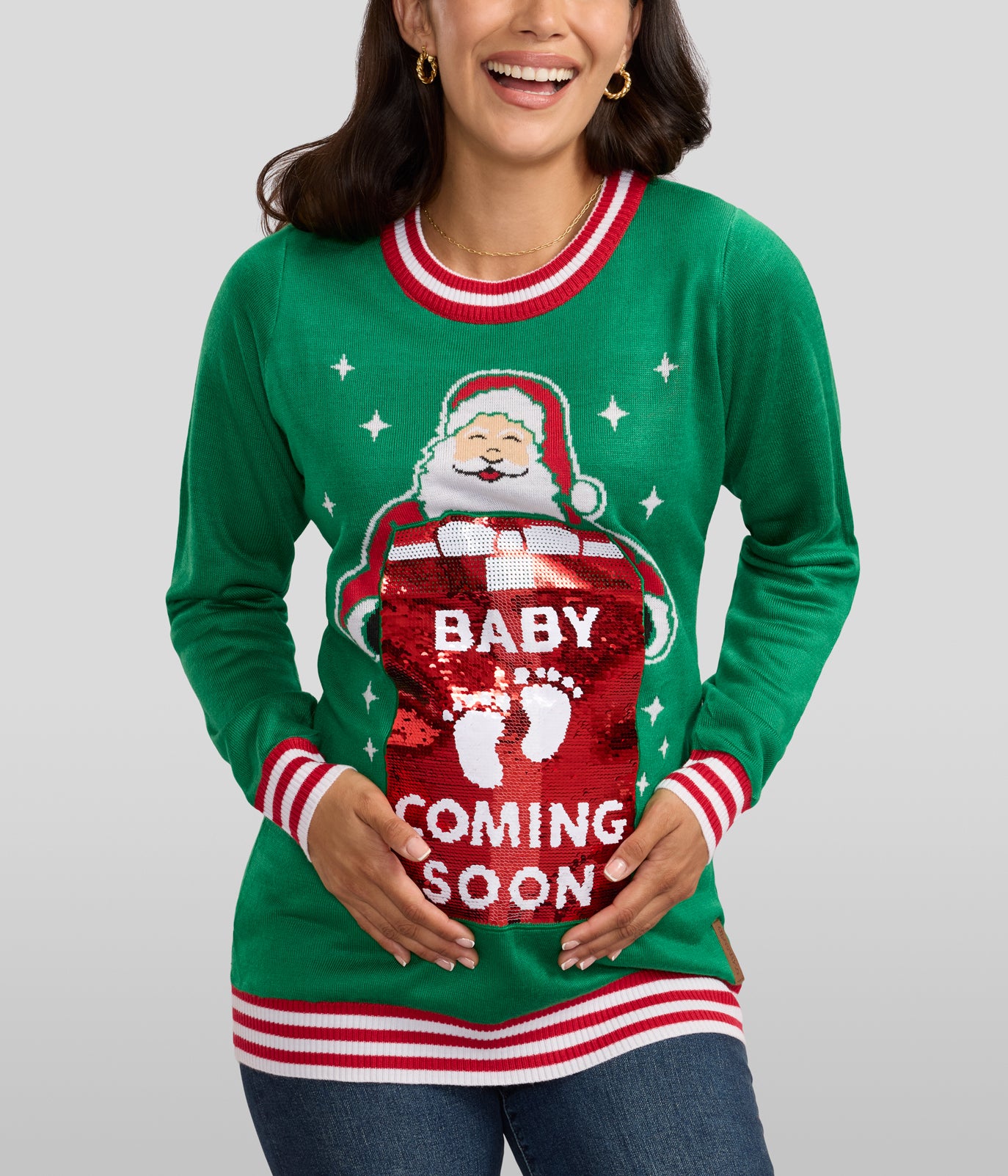 Women's Big Reveal Reversible Sequin Maternity Christmas Sweater