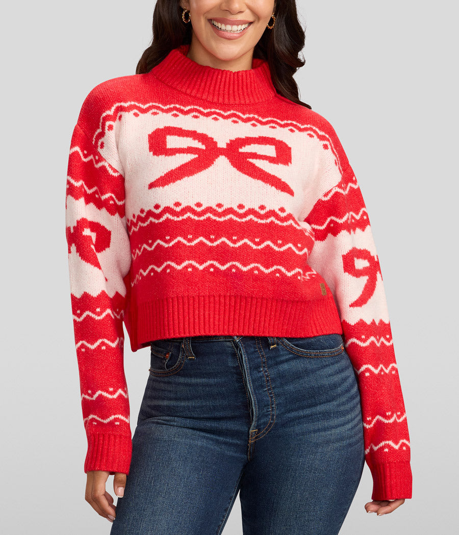Women's Cozy Knit Bow Cropped Christmas Sweater Image 2