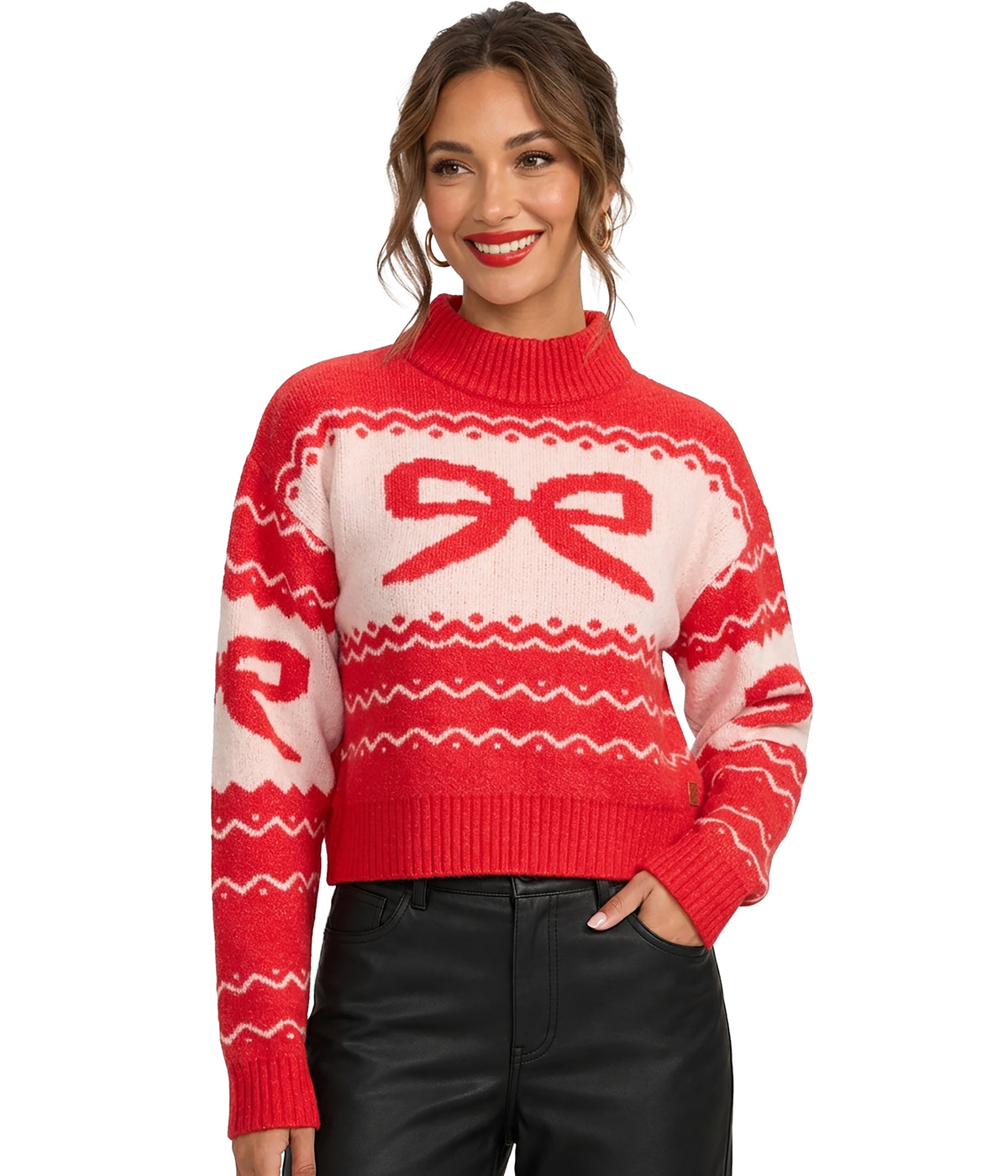 Women's Cozy Knit Bow Cropped Christmas Sweater Image 2