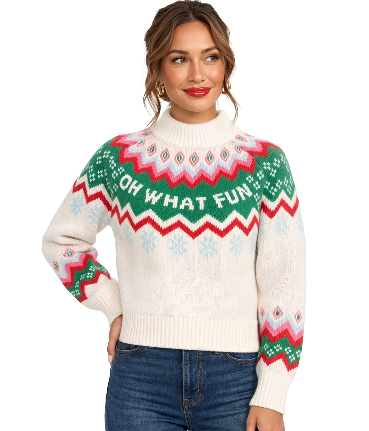 Women's Cozy Knit Oh What Fun Cropped Christmas Sweater Image 2
