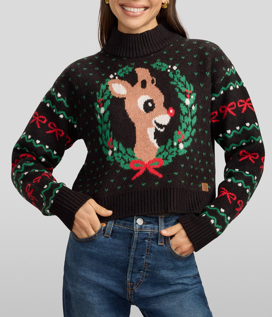 Women's Cozy Knit Rudolph Wreath Cropped Christmas Sweater
