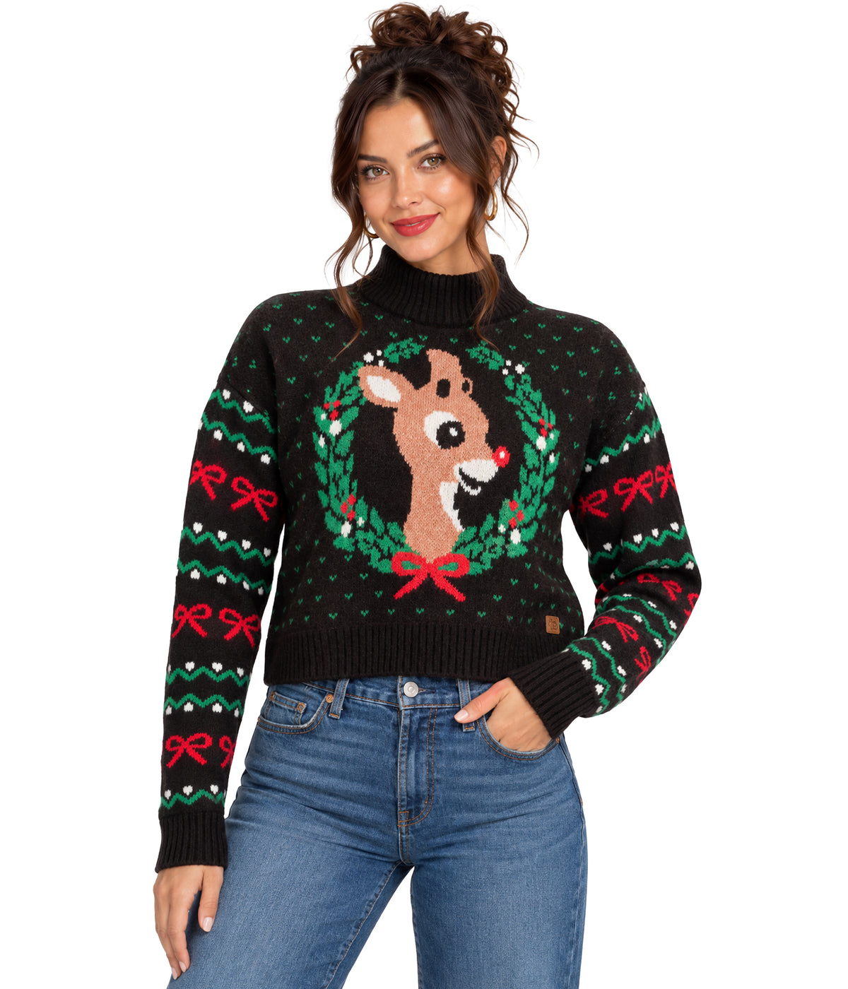 Women's Cozy Knit Rudolph Wreath Cropped Christmas Sweater